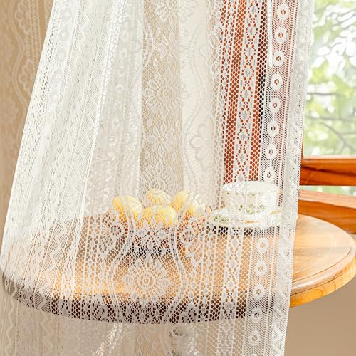 Image of MYSKY HOME White Lace French Door Curtains 72 inch Long 2 Panels Boho Sheer Floral Curtains for Door Window Scalloped Doorway Sidelight Curtains Come with 2 Matching Tie-Backs, 26 inch Wide Each Panel