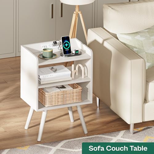 Image of Huuger Night Stand with Charger Station, White Nightstand, Bedside Table, 3 Tier End Table with Solid Wood Feet, Slanted Power Panel, Side Table with Storage for Bedroom