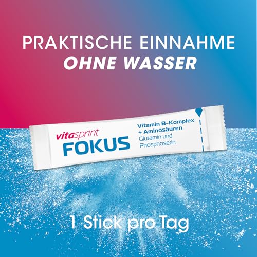 Vitasprint Fokus Direktsticks, 20 Stück – Vitamin B-Komplex -Kombination aus Vitamin B2, B3, B6, B12 und Aminosäuren für Konzentration, Energie und geistige Leistungsfähigkeit*.