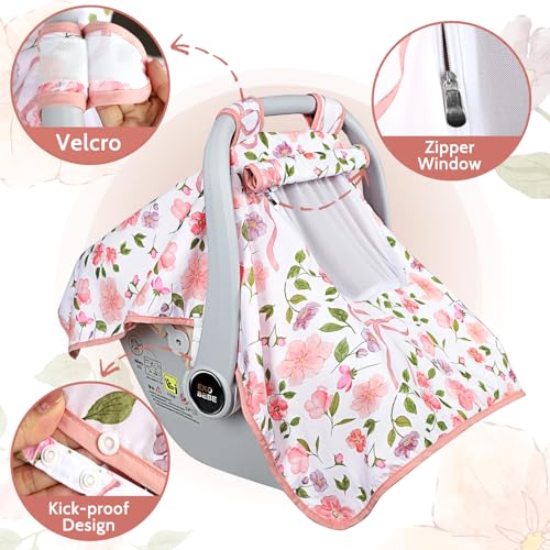 Image of Baby Carseat Seat Cover Girls, Winter Carseat Canopy, Cozy & Warm Cover with Zipper Peep Windows, Infant Minky Carrier Cover, Soft Breathable, Baby Must Have, Pink Bow