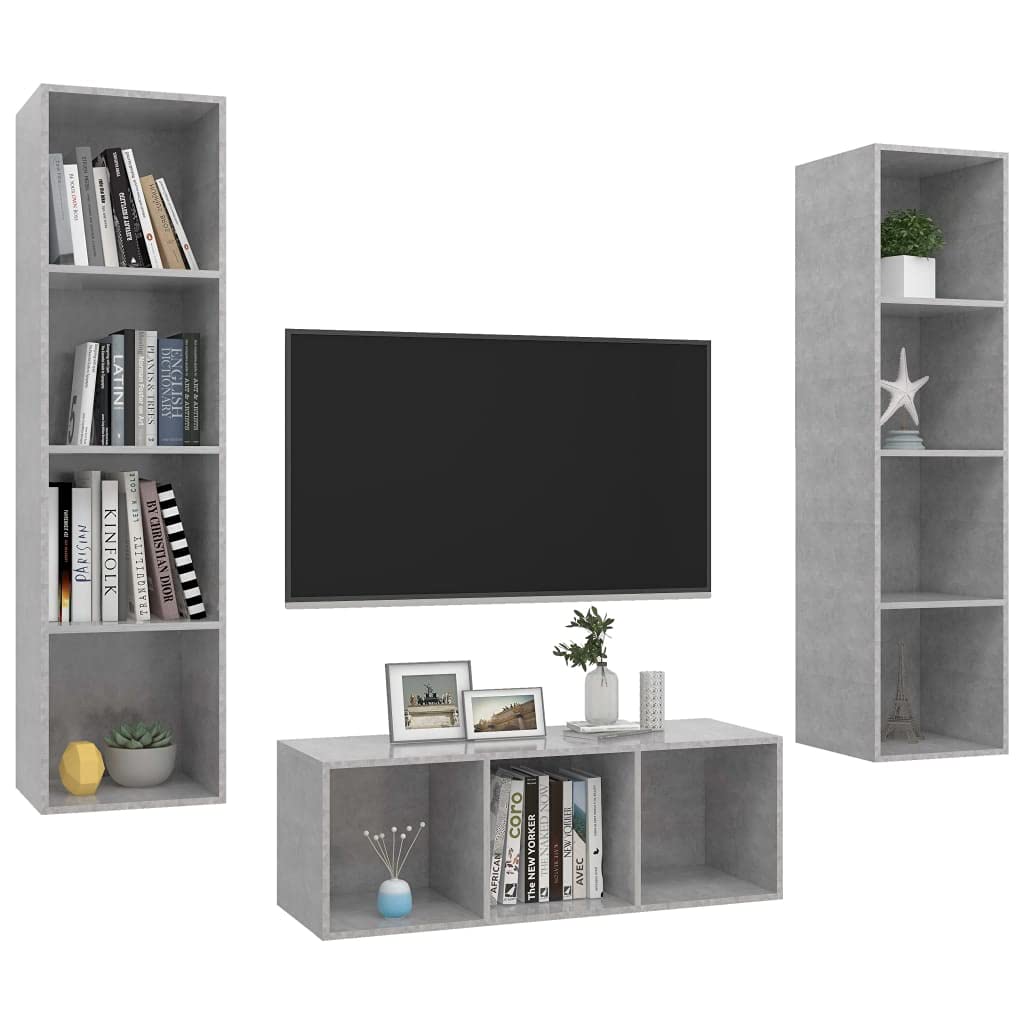3-TLG. TV-Schrank-Set Betongrau, Holzwerkstoff, Hängend, Modernes Media-Center für Wohnzimmer und Schlafzimmer, Stilvolle Aufbewahrung