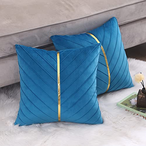Image of Velvet Throw Pillow Covers 18x18 Pack of 2 Gold Decor Lake Blue