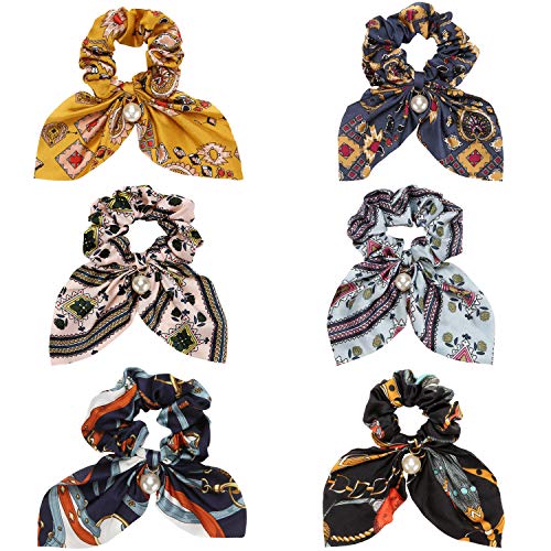 Folora 6pcs Multicolored Silk Hair Scrunchies Pearls Bowknot Elastic Hair Ties for Ponytail Holder Hair Bands for Women Girls Hair Accessories