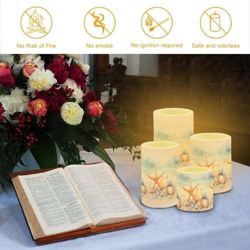 Image of Flameless Candles Battery Powered LED Candles with Remote Timer Color Changing Control Long Lasting for Indoor Outdoor Home Coastal Decoration Pack of 4, Starfish Seashell Painting