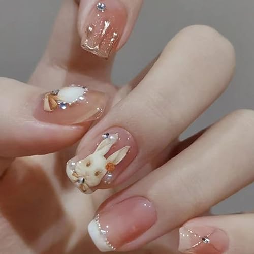 Uñas postizas francesas color rosa nude y blanco, uñas postizas de gel UV a presión para niña, cobertura completa, 24 piezas de puntas de arte de