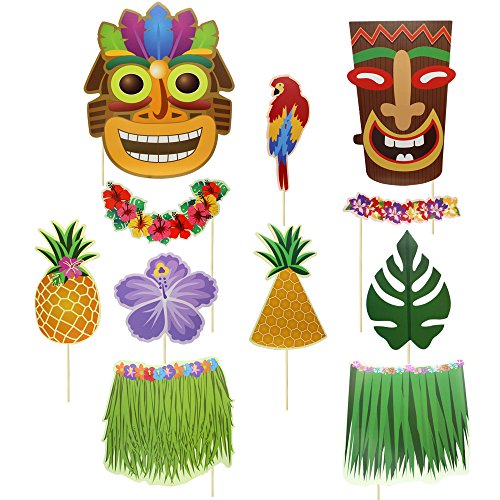 Meetory 36Pcs Hawaiian Photo Booth Props Kit, Summer Beach Selfie Props Celebration for Hawaii Seaside, Summer Pool Party, Luau Tropical Tiki Vacation Dress-Up Beach Party Accessories Decoration