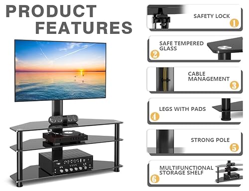 Swivel Floor Tv Stand For 32-70 Inch Tvs - Universal Height Adjustable Tv Floor Stand With Shelves Perfect For Bedroom And Corner, Tv Mount Stand Vesa 600X400Mm Holds Up To 88Lbs, Black #TOP2