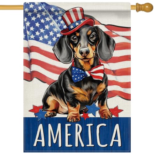 Dyrenson Welcome 4th of July Dachshund Dog 28 x 40 House Flag Double Sided, Patriotic America Garden Yard Decoration Pet Owner Lover Gift, American USA Burlap Outdoor Decor Decorative Large Flag