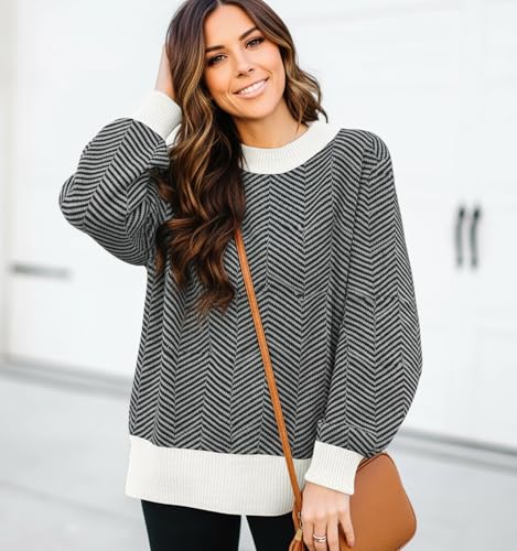 Image of Womens Oversized Sweaters Fall 2026 Fashion Clothes Colorblock Knit Tops | ETCYY Striped Sweaters For Women Trendy,Batwing Sleeve Oversized Sweater Pullover Tops,Cute,Spring Winter Fall Outfits