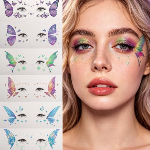 Glitter Butterfly Face Tattoos Sticker 6PCs Face Glitter Colorful Eye Freckle Butterfly Rave Accessories Moon Star Heart Makeup Temporary Tattoos Sticker Sparkle Butterflies Patches for Women Girls