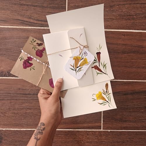 Image of PetalsByShweta, Pack of 4, A5 size pressed flower letter writing papers with Envelopes . 2 brown & 2 White Kraft Paper Envelopes with writing papers | Notepads | Envelopes for cards | Pressed Flower Design | invitation writing paper | Thank you notes writing (Mogra white) (Pack of 4)