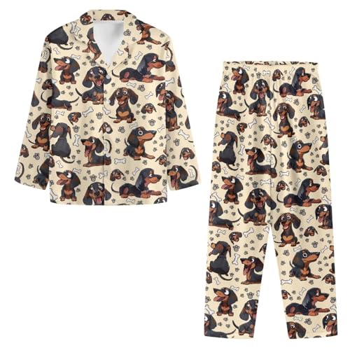 XXQGOMG 2-teiliges Pyjama-Set mit Knopfleiste für Damen, langärmelig, Bluse und Hose, Nachtwäsche, Brauner Dackel-Druck, XL