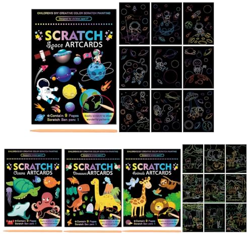4 Stück Kratzbilder für Kinder 36 Blätter Regenbogen Kratzpapier mit Dino Weltraum Ozean & Tiere 4 Holzstifte Rainbow Scratch Paper für Kindergeburtstag Gastgeschenke & Mitgebsel ab 3 Jahre