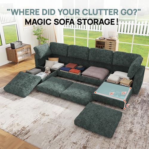 Image of 99 inch Modular Sectional Chenille Sofa bed with Hidden Storage, Comfy Modern 6 Seater Oversized Deep Seat Couch, Modular Sectional with Ottoman and Removable Cover for Living Room, Apartment, Green