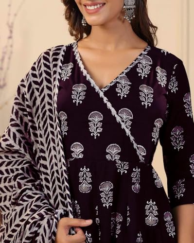 Image of Tee Projekt Women's Cotton Blend V-Neck Anarkali Kurta Pant with Dupatta Set ll Floral Kurta Set for Women