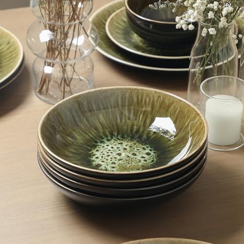 Image of Stone Lain Riley 4-Piece Pasta Bowl Set Stoneware, Bowls, Dishwasher and Microwave Safe, Dish Set for 4, Black and Green