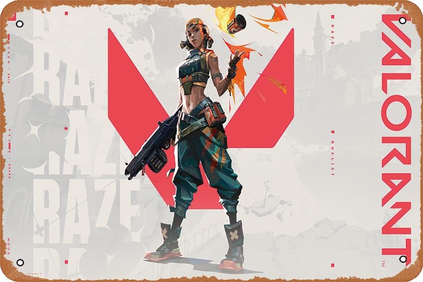 Valorant, Raze (Valorant) Art Tin Sign fun Metal Sign Funny Decorations for Home Bar Pub Cafe Farm Room Metal Poster Wall Art Retro Decor 12x8 Inches