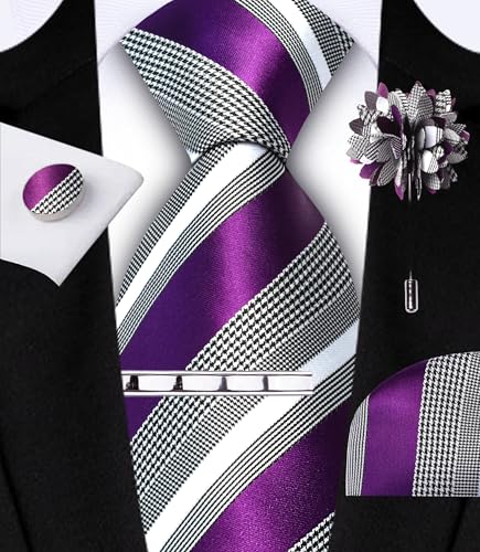 Image of GUSLESON Men's 5-pc Striped Tie Gift Set - Jacquard Necktie, Pocket Square, Cufflinks, Lapel Pin, Tie Clip - Wedding Formal Gifts