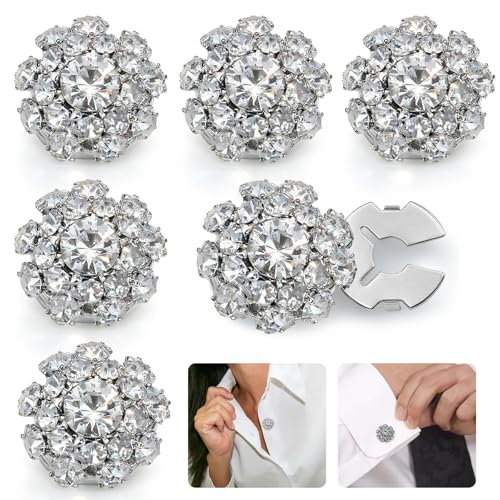 CONBOLA 6 Pcs Button Covers for Women Blouses - Rhinestone Button Covers for Women 17.5mm Flower Crystal Clips DIY Jewelry for Crafting Clothing (White)
