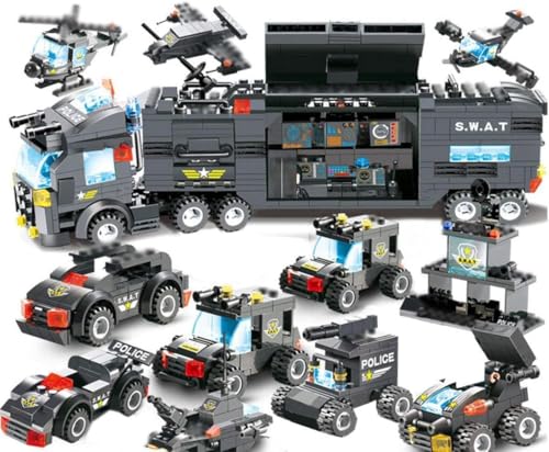 Auspcers 8 em 1SWAT Conjunto de construção de blocos de construção de polícia, 762 peças, brinquedo para meninos e meninas com carro de polícia, helicópteros, barcos de patrulha aquática (preto)