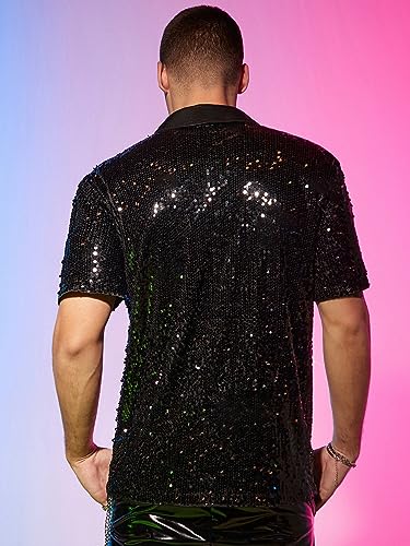 WDIRARA Men's Sequin Color Block Short Sleeve Collared Neck Button Down Shirt Party Club Tops2