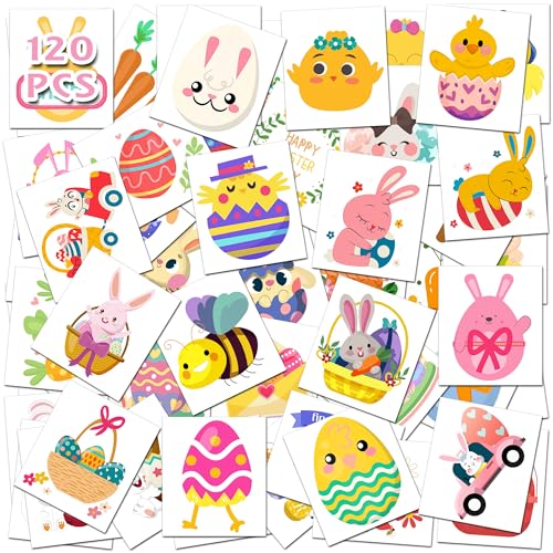 Easter Temporary Tattoos – 120Pcs Cute Designs – Bunny, Eggs, Chicks – Easter Basket Stuffers,...