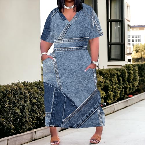 Image of SUZONANA Plus Size Denim Print Shirt Maxi Dresses for Curvy Women Casual Blue Jean Summer Outfits Long Short Sleeve Dress with Pockets Patchwork 2XL