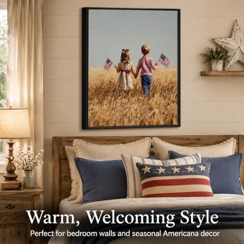 Image of American Flag Framed Canvas Wall Art, 4th of July Canvas Prints, Boy Holding USA Flag Patriotic Decorations, Modern Independence Day Wall Decor for Living Room Kids Room Dining Room Office 6x8