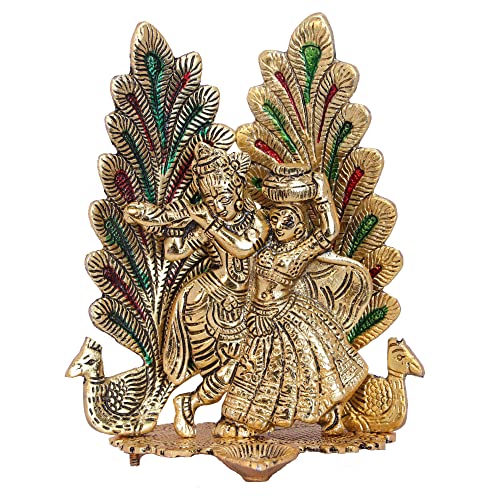 Image of KridayKraft Radha Krishna Metal Statue with Diya for Pooja, Peacock Design Decor Your Home,Office,Religious Showpiece Figurines,God Idol Gift Article...