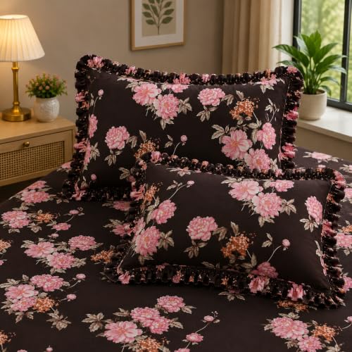 Image of Fitted Bedsheet Queen Size 300 TC Soft Cotton Feel Microfiber All Around Elastic Fitted Double Bedsheet with 2 Frill Pillow Covers | Size (60x78) Pink Coffee