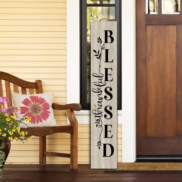 Bidesign (48x8) IN Tall Thankful Blessed Vertical Signs For Front Door Porch Standing Hanging Wood Welcome Yard Sign For Home Decor Fall Autumn Thanksgiving Decorations Outdoor Indoor