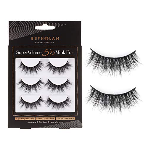 BEPHOLAN Mink Lashes| 3Pairs 100% Siberian Mink Fur Lashes| MIAMI Style| Dramatic Round Look| Long& Thick| Totally Cruelty-Free| Reusable &Handmade| Non-Irritating Fake Eyelashes|XMZ03 Lite