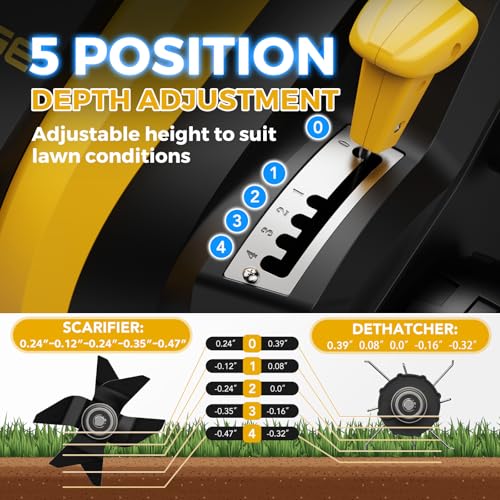 EVEAGE 16 Inch 2-in-1 Electric Dethatcher and Scarifier 5-Position Depth Adjustment,Lawn Dethatcher with 15 Amp Copper Motor, Removeable 14.5-Gal Collection Large Capacity Bag,Quick-Fold,Yellow - Image 4