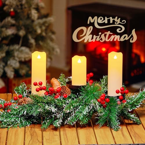 Brightown 20.5“ Iron Christmas Candle Holder, Pine Needles, Red Berries, Gold Balls and Golden Branches Tabletop Decoration with 3 Candle Holders for Christmas Home Decoration