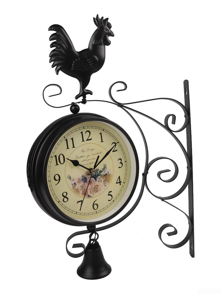 Reloj de pared de doble cara, reloj de estación de hierro negro de 39 cm con movimiento de cuarzo silencioso, números grandes para decoración del hogar y sala de estar
