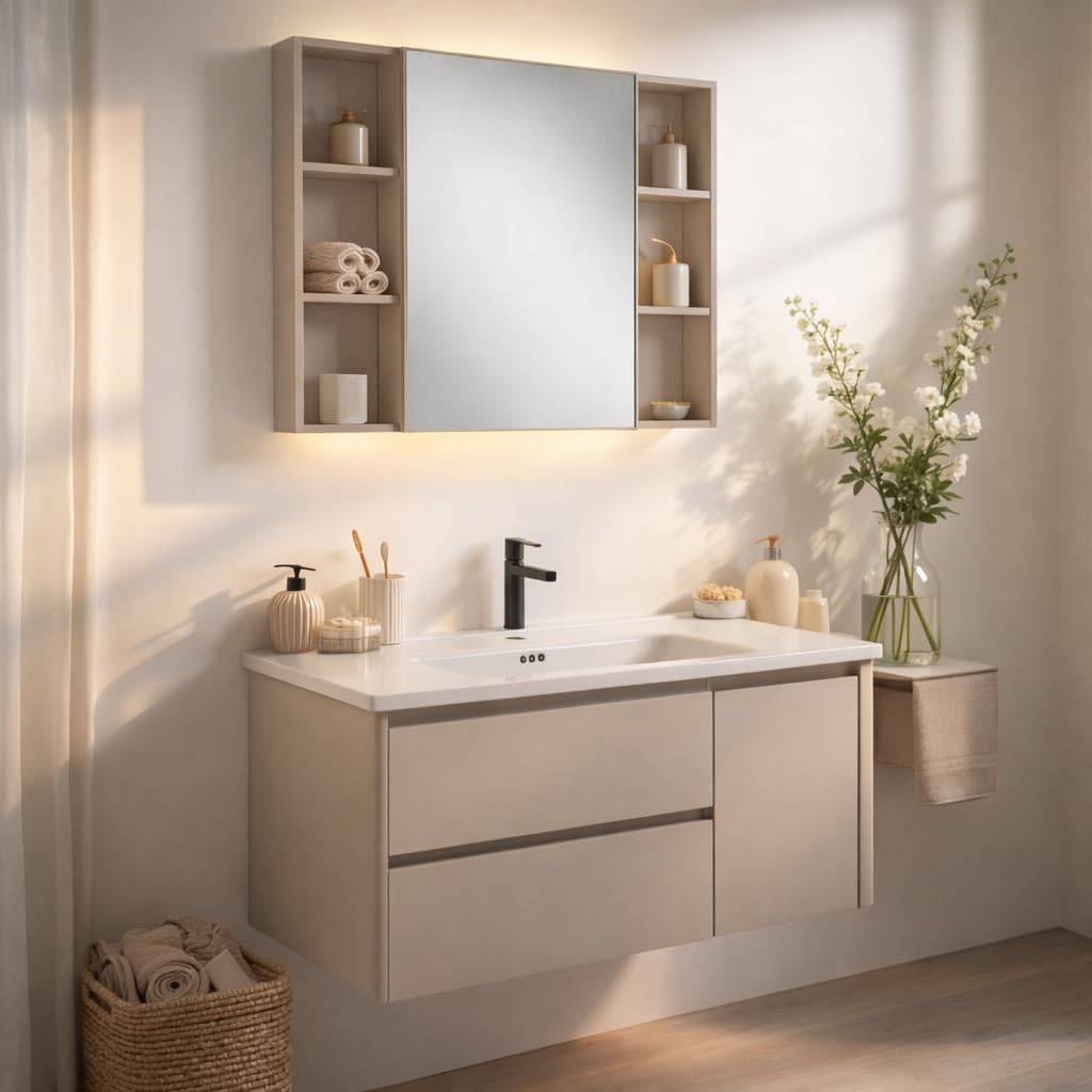 REDÒKASA Mobile Bagno Sospeso 100 cm GENZIANA in alluminio, con 2 cassetti e 1 anta, specchio contenitore a 1 anta, lavabo in ceramica (Cipria)