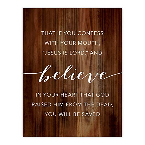 Andaz Press Christian Bible Verses 8.5x11-inch Rustic Wood Print Wall Art Poster, Romans 10:9: That if you confess with your mouth, “Jesus is Lord,” you will be saved., 1-Pack