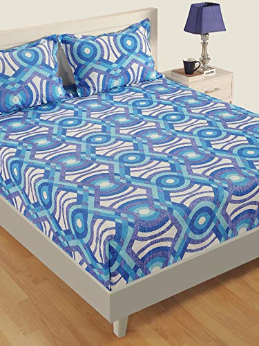 Image of Swayam Pure Cotton King Bedsheet with 2 Pillow Covers | Size 108 x 108 inch | 160 TC | Geometric Design | Soft Breathable Bed Sheet | Comfortable & Durable for Bedroom - Blue