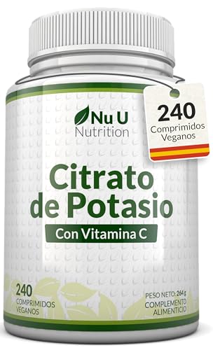 Potasio 1550mg con Vitamina C - 240 Comprimidos Veganos - Suministro Para 4 Meses - 500mg de Citrato de Potassium Activo de Alta Potencia - Fabricado en Europa - Nu U Nutrition