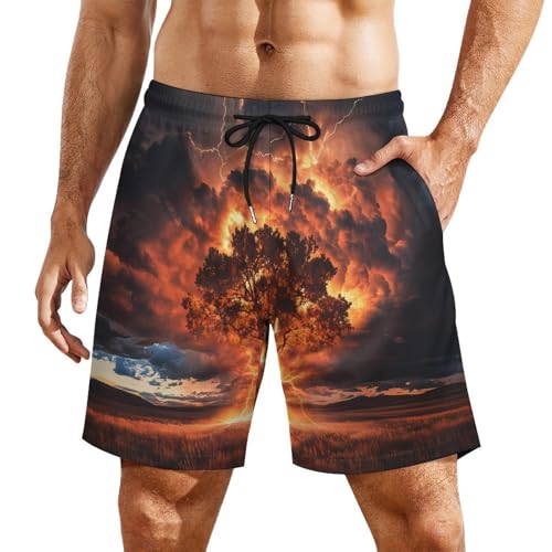 Tree with Thunder Strikes Mens Swim Trunks with Quick-Drying Lining Beach Shorts for Outdoor Sports