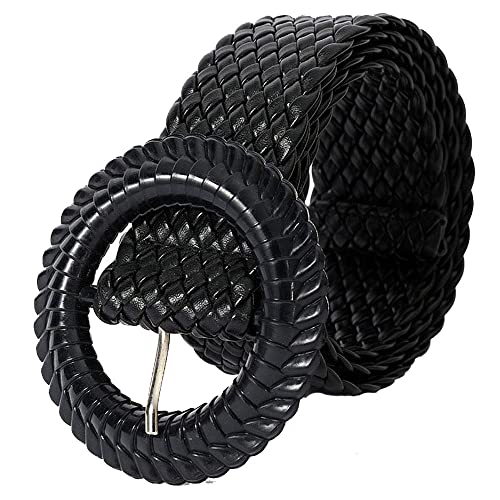 YOU&M Women's Hand-Weave Pure Wax-Rope Black Vintage Classic Round Pin-Buckle Waist Belt