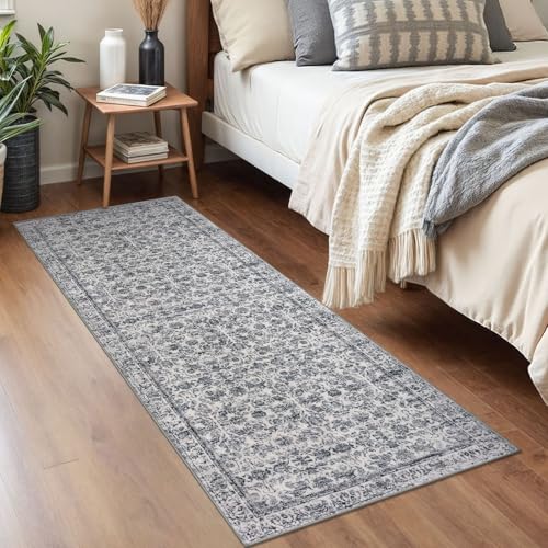 2x5 Washable Rug Grey Blue Small Area Rug for Entryway, Soft Non-Slip Indoor Door Mat Distressed Floral Low-Pile Kitchen Rugs, Neutral Vintage Carpet for Entrance Bedside Farmhouse