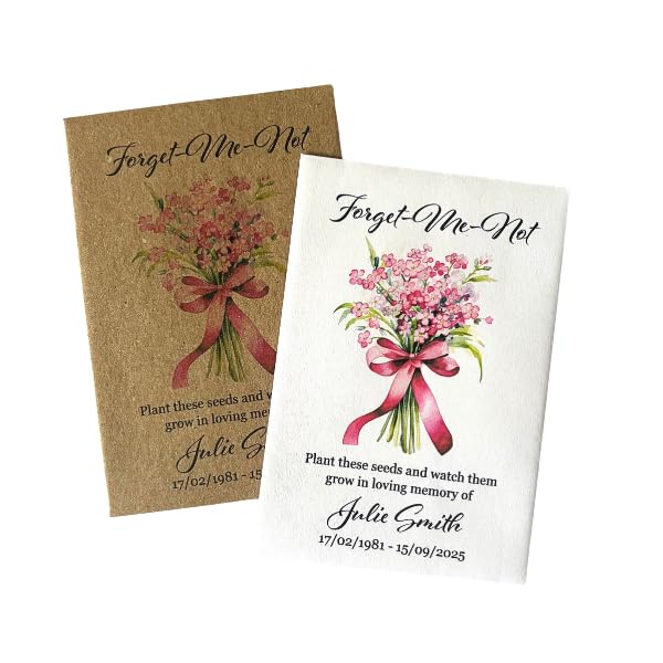 Personalised Forget Me Not Funeral Seed Packet Favours, Pink Forget Me Not Seeds Included, Memorial Funeral Favours, Pack of 10 Favours (Bunch)