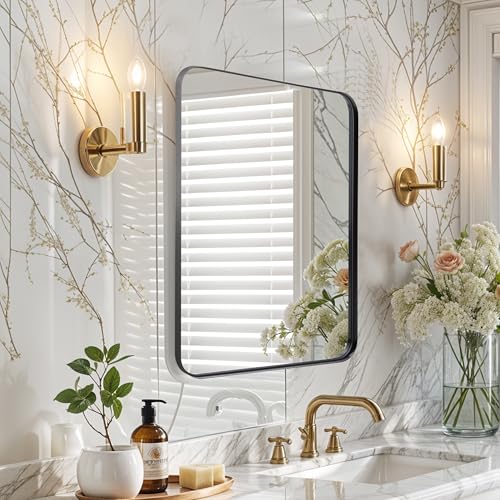 Image of Simple Deluxe Bathroom Mirrors, Black Metal Framed Bedroom Mirror, 22 inch x 30 inch Rounded Rectangle Mirror, Anti-Rust Modern Decorative for Restroom, Farmhouse, Horizontally or Vertically Hanging