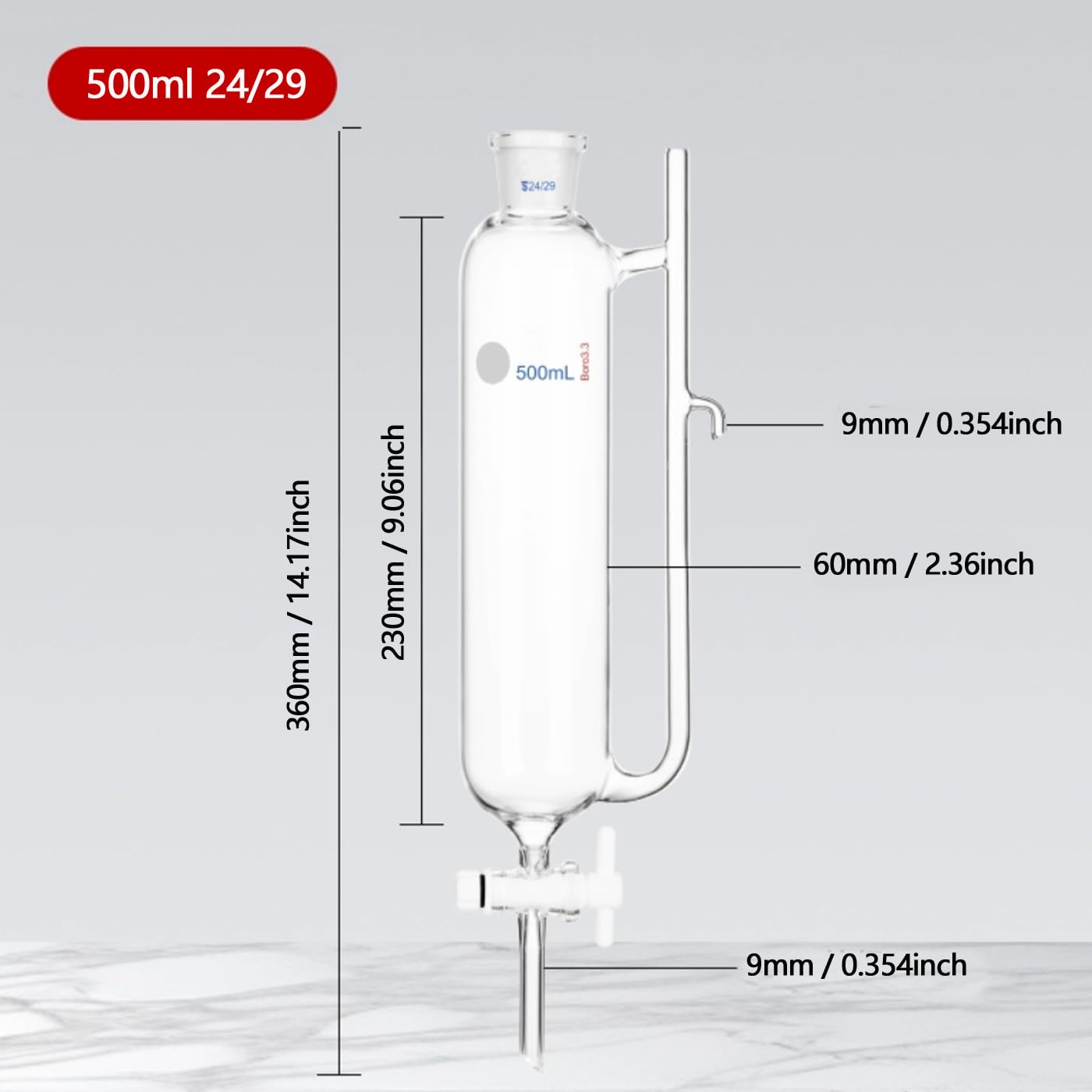 Separatore di olio essenziale di vetro di laboratorio con separatore del ricevitore dell'olio d'acqua congiunto 24/29 per la distillazione dell'olio essenziale (500mm)