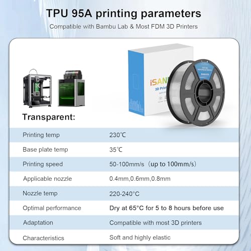 Image of iSANMATE TPU Filament 1.75mm 95A Clear, 1kg /2.2lbs TPU Flexible 3D Printer Filament for FDM 3D Printers,Dimensional Accuracy + /- 0.03mm, 50-100mm /s
