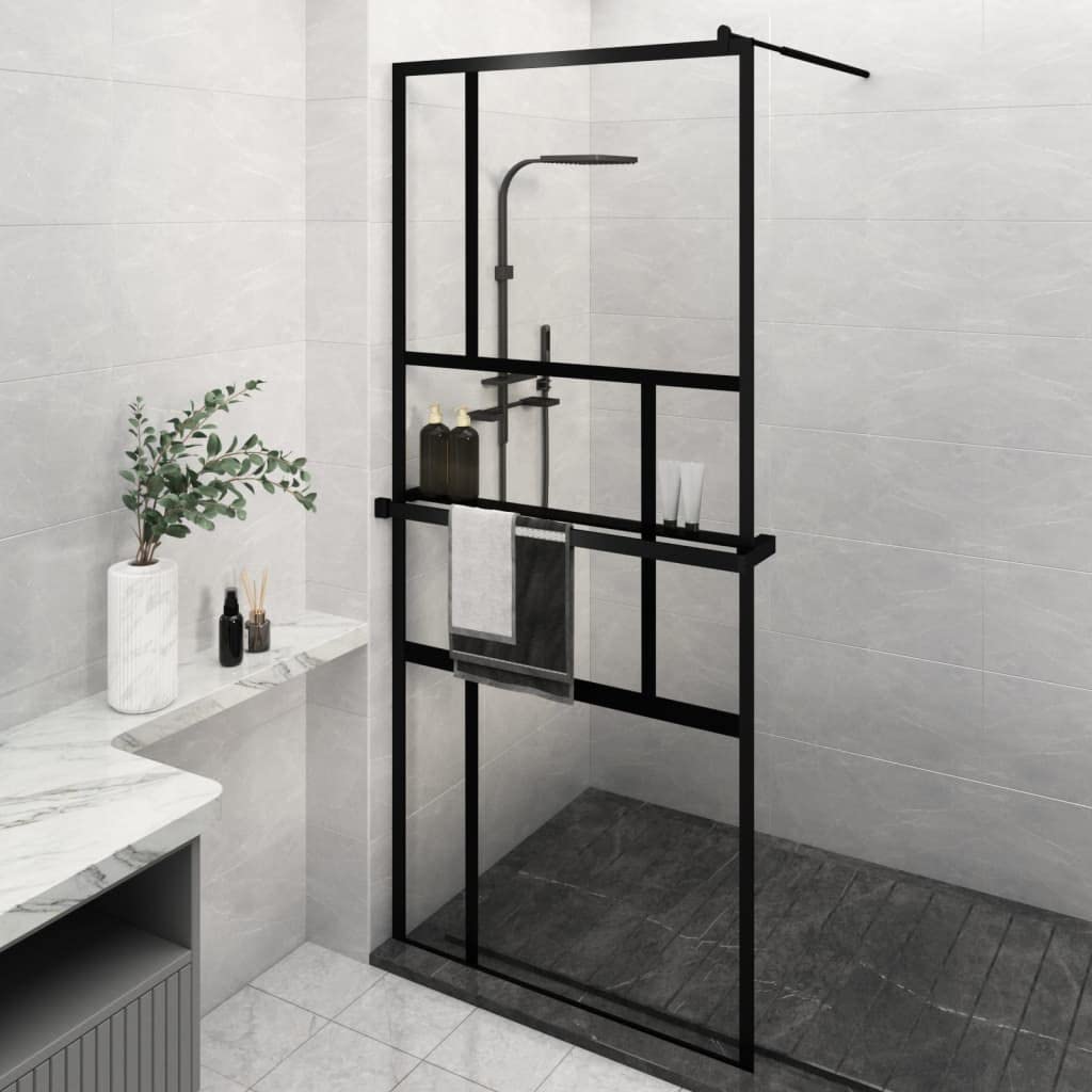 LAPOOH Mampara Ducha con Estante Vidrio ESG y Aluminio Negro 90x195 cm, Mampara Bañera, Mampara Baño Ducha, Cabina De Ducha, Mampara Baño - 3185460