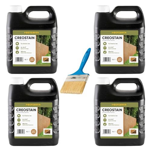 Postsaver Creostain Creocote Oil-Based Wood Treatment | Creosote Substitute | Wood Stain and Preserver | Ideal for Fence & Shed Treatment | Low VOC | 16 Litre + Brush (Light Brown)