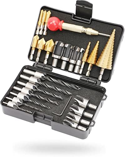 LAMPTOP 26-Pack Woodworking Chamfer Drilling Tools Including 6 Countersink Drill Bits, 7 Three Pointed Countersink Drill Bit with L-Wrench, 8 Wood Plug Cutter, 3 Step Drill Bit, and Automatic