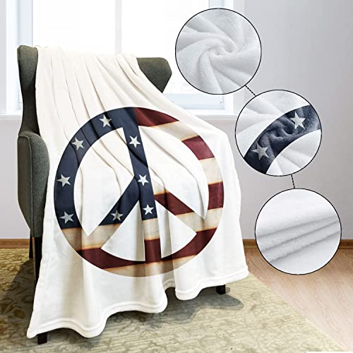Hommomh Fleece Blanket 50" X 60" Peace Sign American Flag Printed Lightweight Fuzzy Cozy Soft Warm Throw For Men Women, Air Conditioning #TOP4